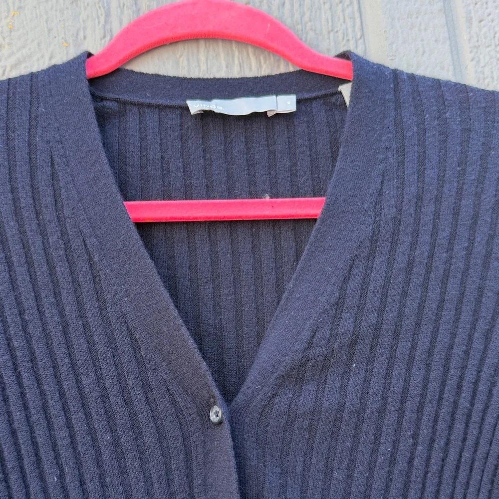 Vince 100% Cashmere Navy Blue Ribbed V-Neck Button Cardigan Sweater - Picture 5 of 8
